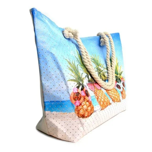BEACH TIME! Large "Pineapples on Beach" Rhinestone Tote - Picture 4 of 4